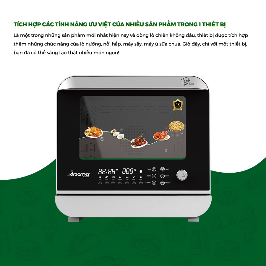 Lò Chiên Hơi Nước Siêu Nhiệt DREAMER DKA-SAF118W Dung Tích thực 18L, chiên không dầu, hấp, nướng, ủ sữa chua, tự vệ sinh