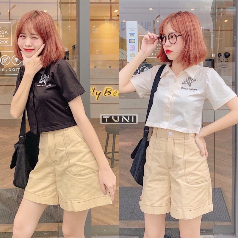 Áo croptop nữ cổ bẻ tay ngắn thêu (đen/trắng)