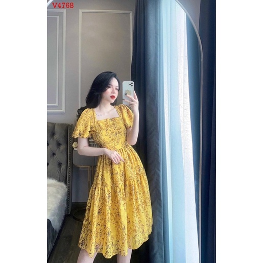 Đầm Hoa Tiểu Thư Tay Phồng Voan Lụa 2 Lớp