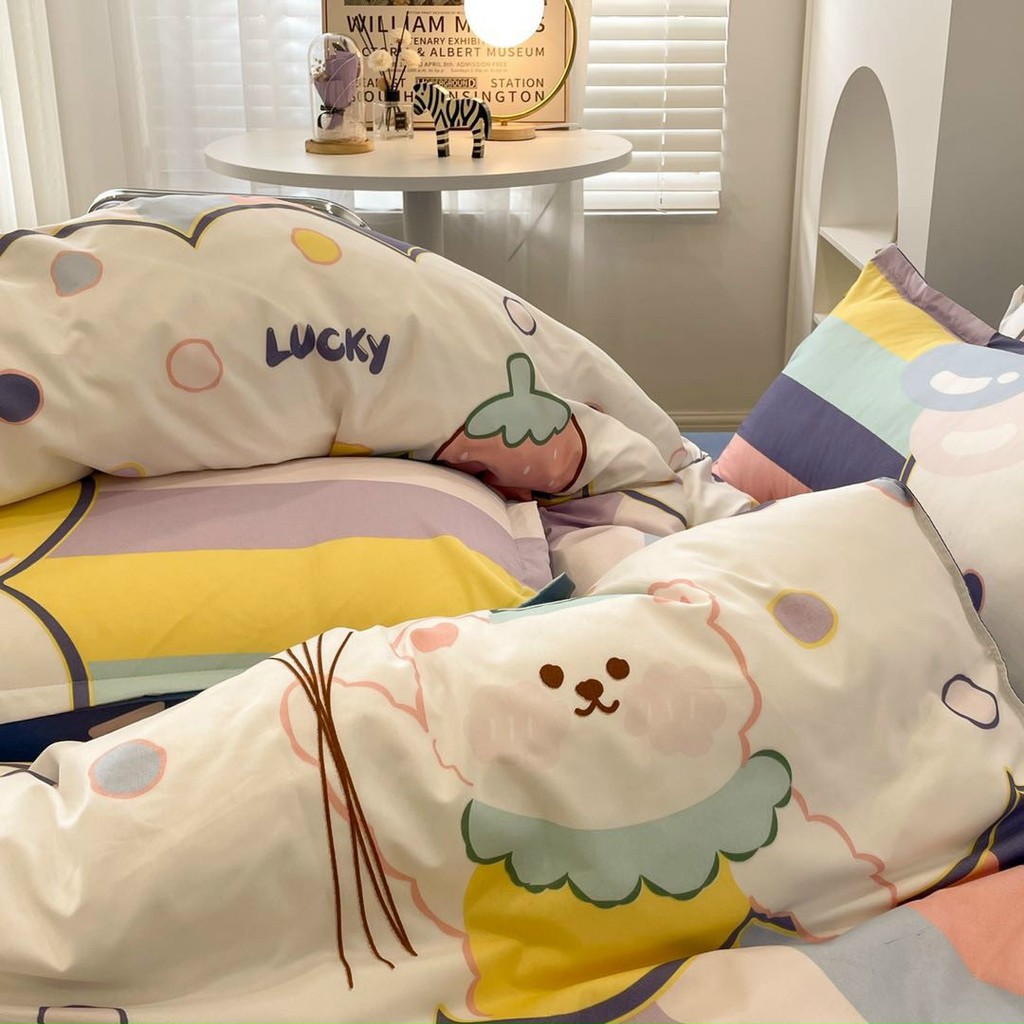 Bộ chăn ga gối cotton poly Lidaco decor phòng ngủ vintage - Thỏ Cầu Vồng (SP001432)