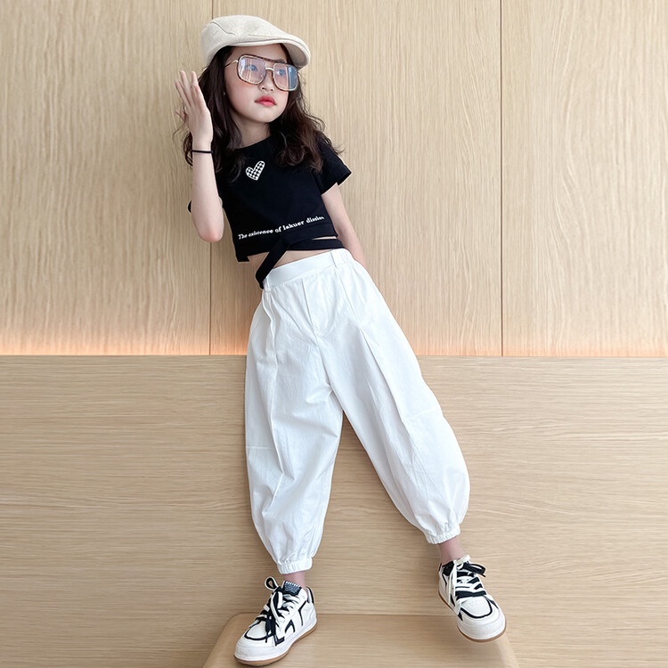 Bộ Áo Thun + Quần Phối Nút Thời Trang Mùa Hè Cho Bé Gái 5-6 Tuổi 7-8 Tuổi 9-10 Tuổi 11-12 Tuổi
