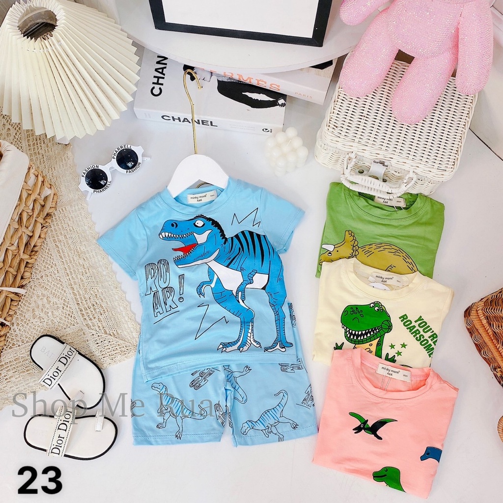 Đồ bộ thun cộc tay cho bé trai bé gái hình khủng long hàng Minky mom, cả bộ áo quần ,CT12, bé 9-32kg