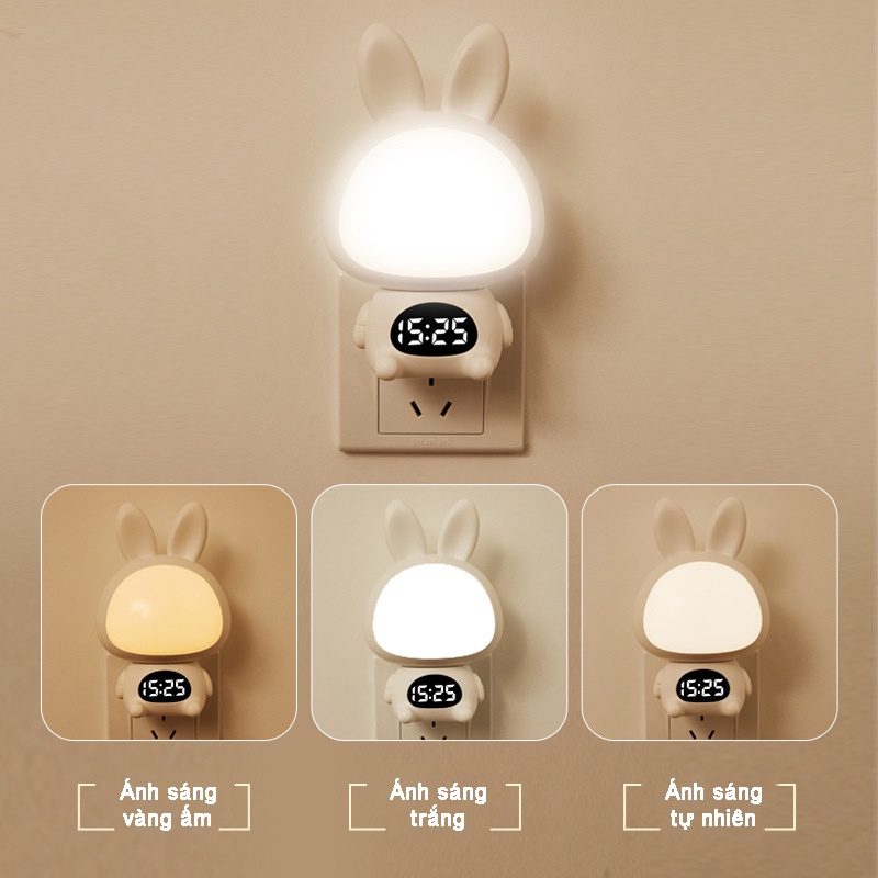 Đèn ngủ điều khiển từ xa kết hợp đồng hồ xem giờ hình con thỏ có chức năng hẹn giờ, 3 chế độ sáng dung lượng pin 300mA
