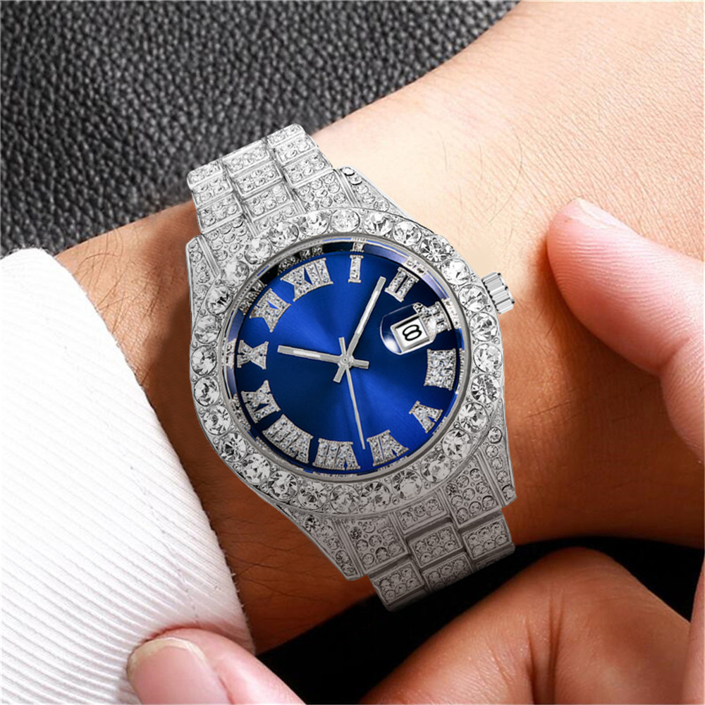 Đồng hồ đeo tay dây thép không gỉ đính đá mặt số La Mã có lịch phong cách công sở dành cho nam | BigBuy360 - bigbuy360.vn