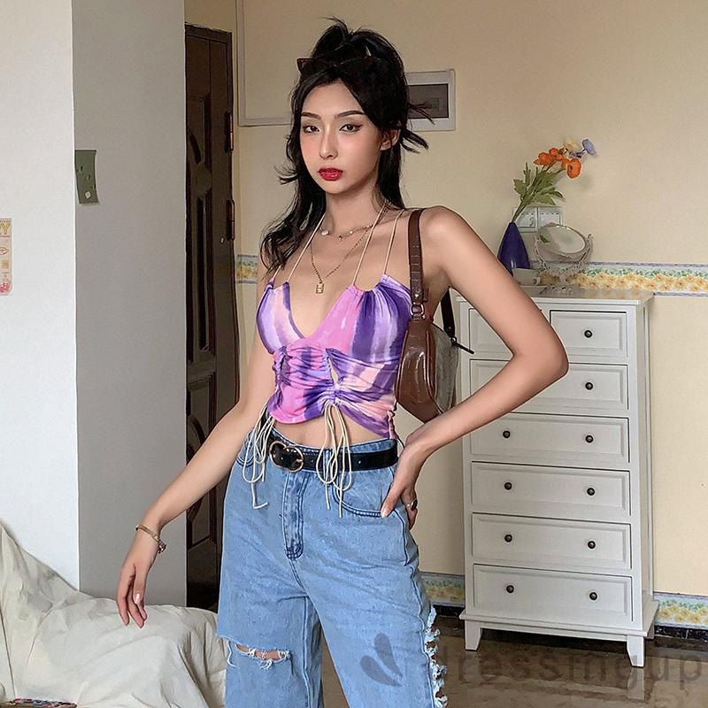 d❃♪Women´s Fashion Tie-Dye Summer Sexy Backless V-Neck Drawstring Top | BigBuy360 - bigbuy360.vn