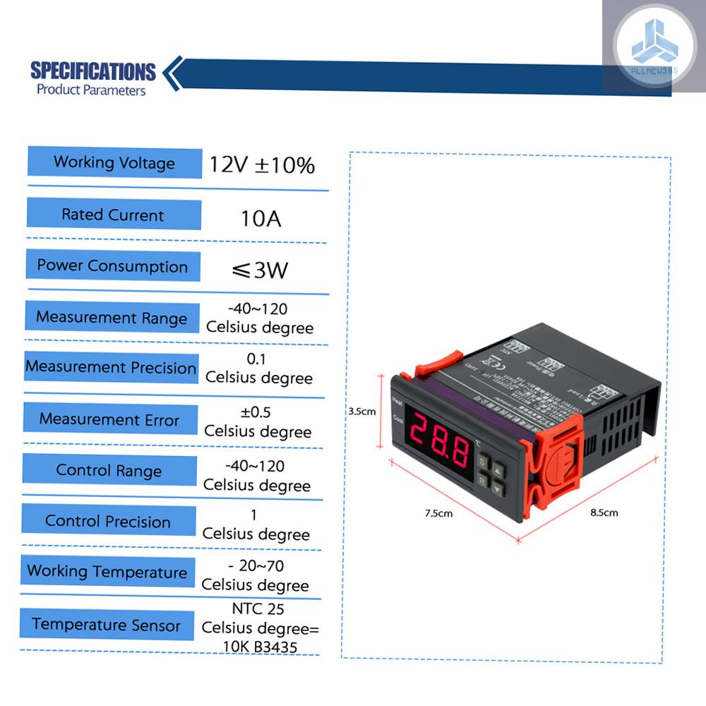 Bộ Điều Khiển Nhiệt Độ Kỹ Thuật Số 10A 12V -40°C Đến 120°C Với Cảm Biến VN26