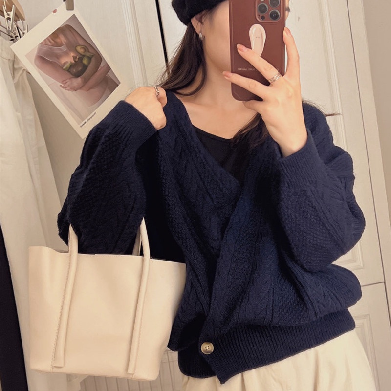 Áo Khoác Len Dệt Kim Dày Một Hàng Nút Phong Cách Hàn Quốc Thời Trang Mùa Thu Cho Nữ