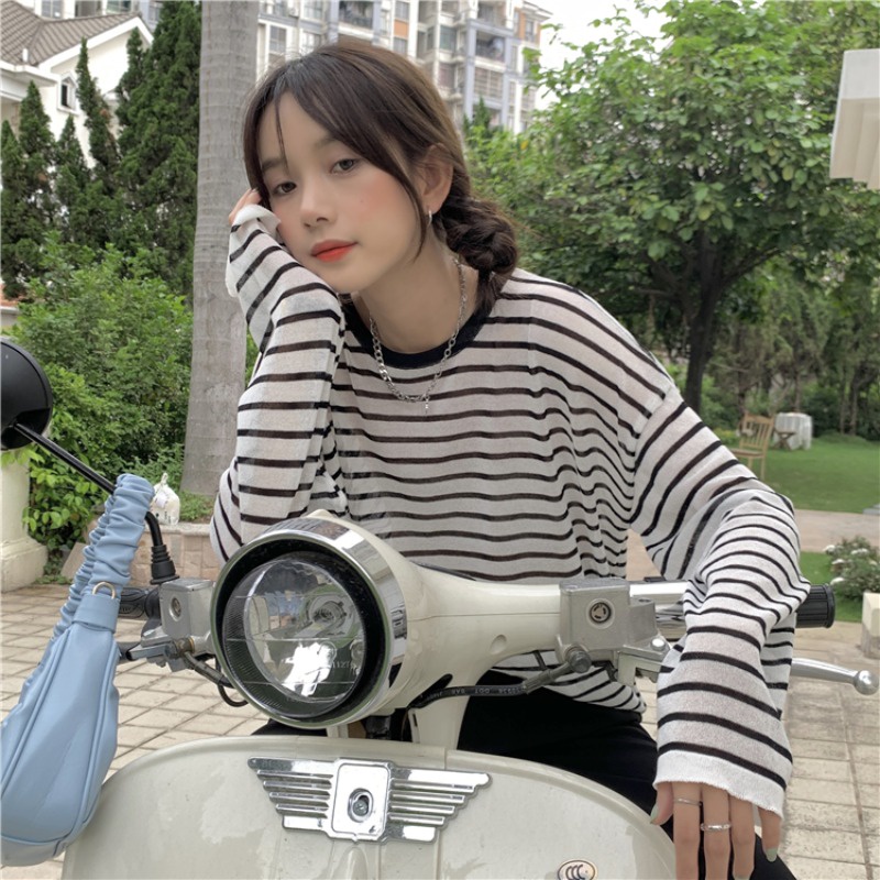 Áo thun ZHELIHANGFEI tay dài dáng rộng kẻ sọc chống nắng thời trang