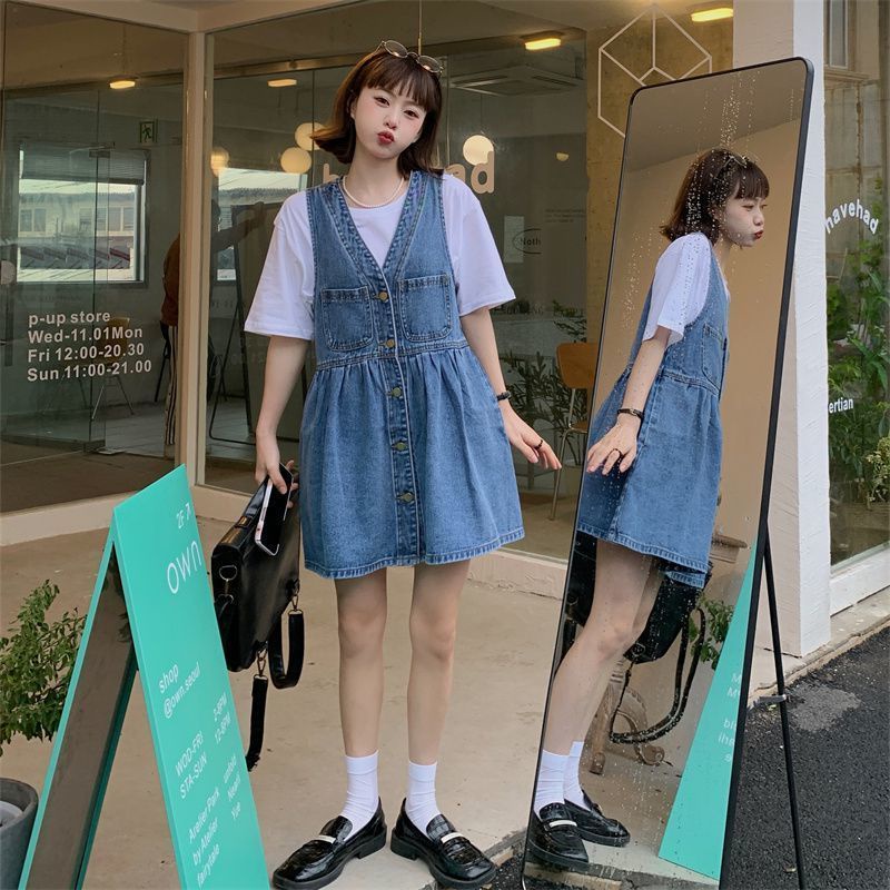 Đầm chân váy jean Bộ Áo Sơ Mi Tay Phồng + Đầm Yếm Denim Xinh Xắn Dành Cho Nữ