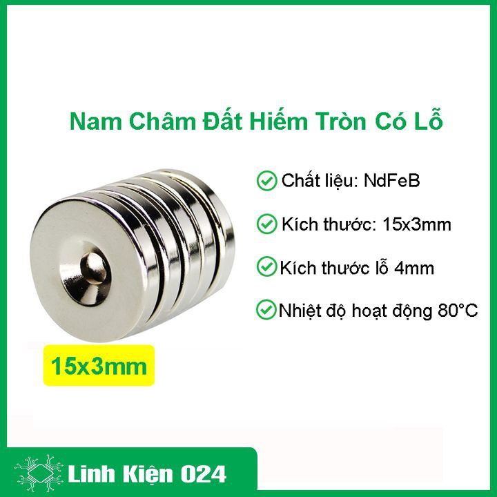 Bộ 5 viên nam châm tròn 15x3mm lỗ 4mm siêu từ tính