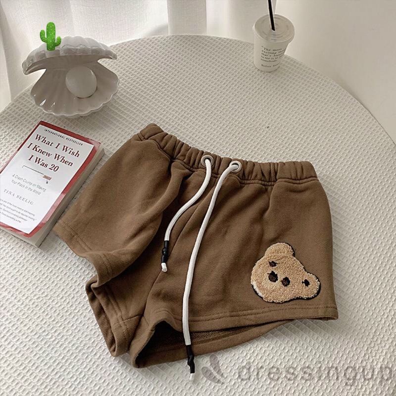 Ảnh thật Quần short lưng cao có dây rút thêu nổi hình gấu,quần tập gym,mặc nhà chất thun co giản thoáng mát ullzang hàn