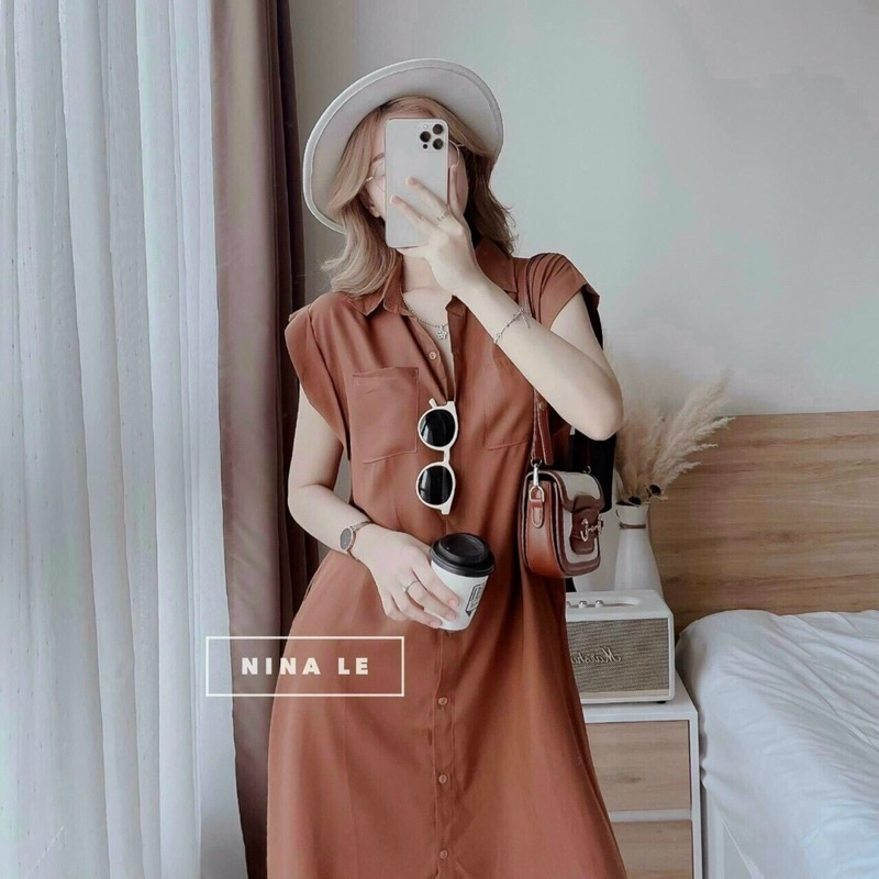 Đầm sơ mi cổ bẻ sát nách chất đũi loại 1