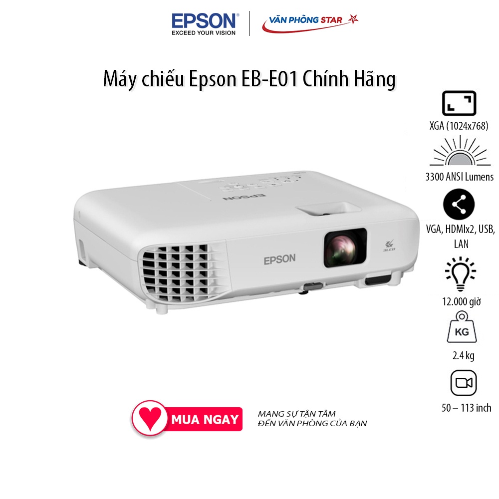 Máy chiếu Epson EB-E01 Độ phân giải XGA (1024×768) Cường độ sáng 3300 Lumens, Tuổi thọ bóng 12.000 giờ Vanphongstar