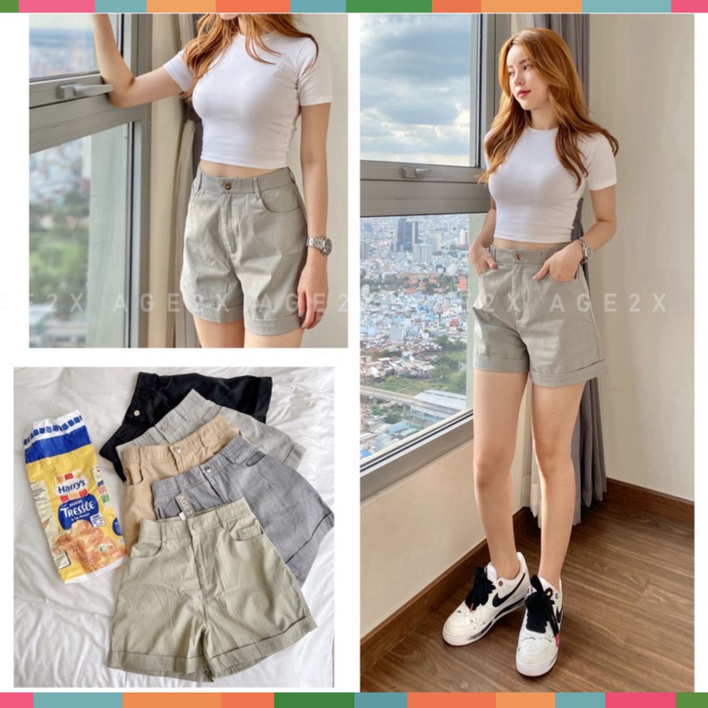Quần Short ống rộng, Lưng Siêu Cao, chính hãng AGE2X, vải kaki 83% cotton, mềm, mát, ít nhăn, không ra màu, chuẩn HVNXK