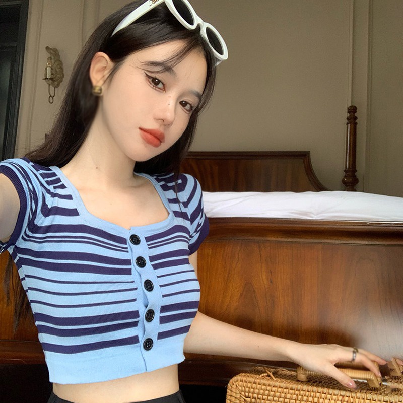Áo Croptop Dệt Kim Tay Ngắn Cổ Vuông Họa Tiết Kẻ Sọc Phong Cách Hàn Quốc Thời Trang Mùa Hè Quyến Rũ Cho Nữ