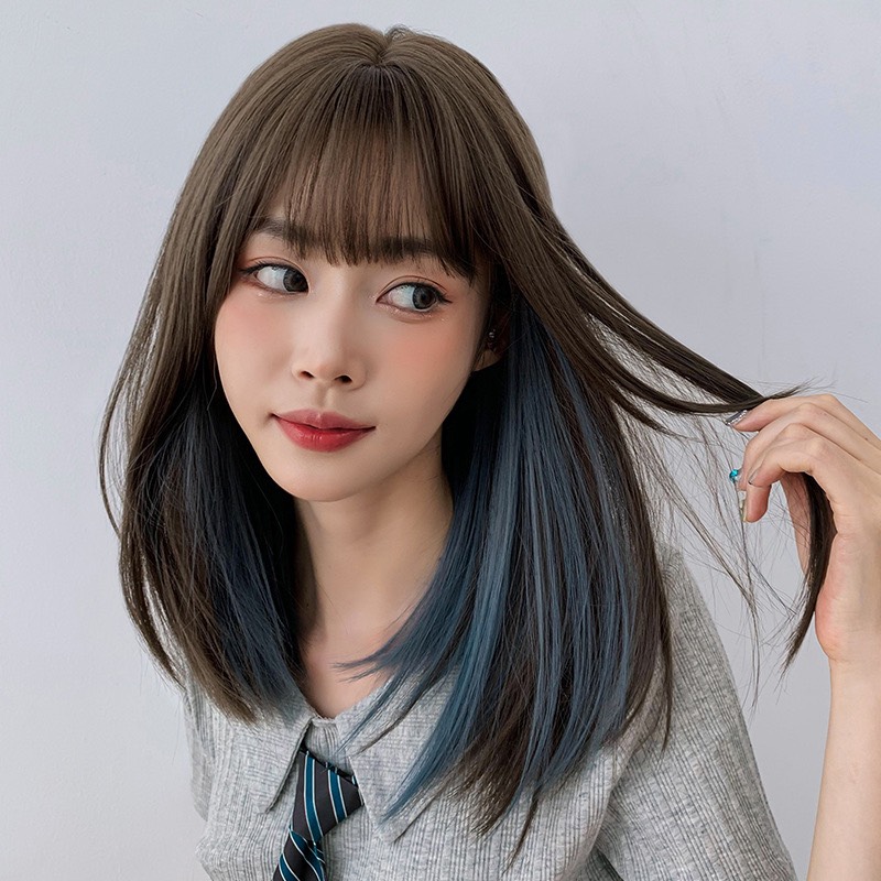[Ảnh thật] [Giá hủy diệt] Tóc bộ ngang vai siêu Thật 43 CM Đen highlight Xanh