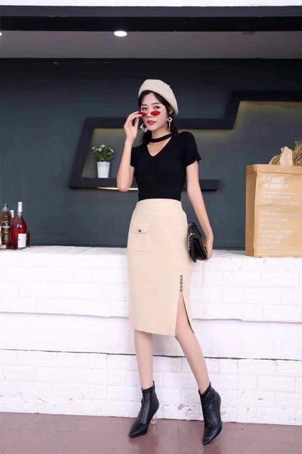 Chân váy len xẻ đùi đính khuy QC cực đẹp nha | BigBuy360 - bigbuy360.vn