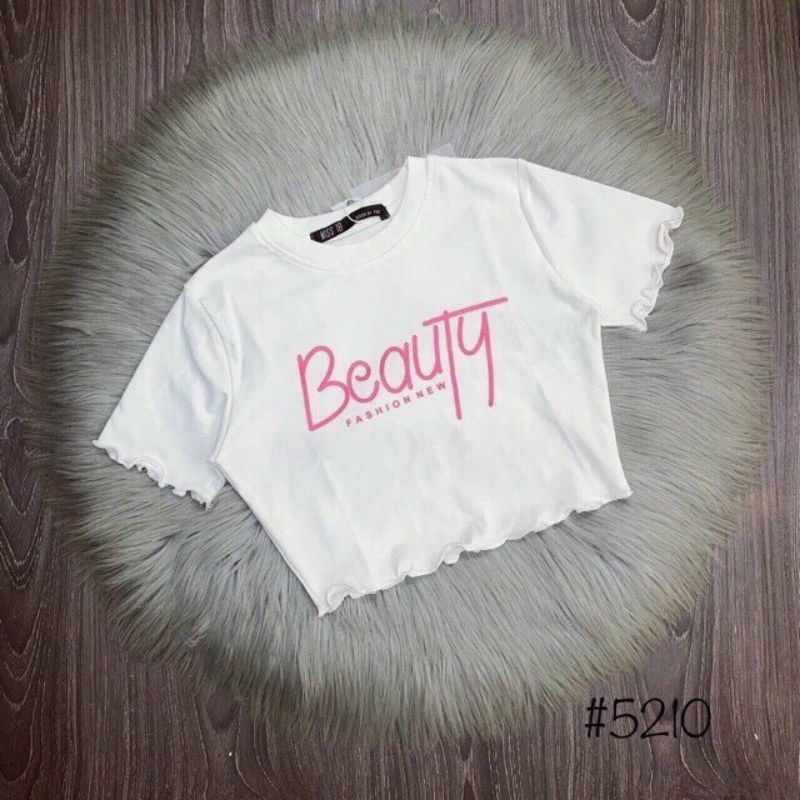 Áo thun tay ngắn croptop in chữ beauty