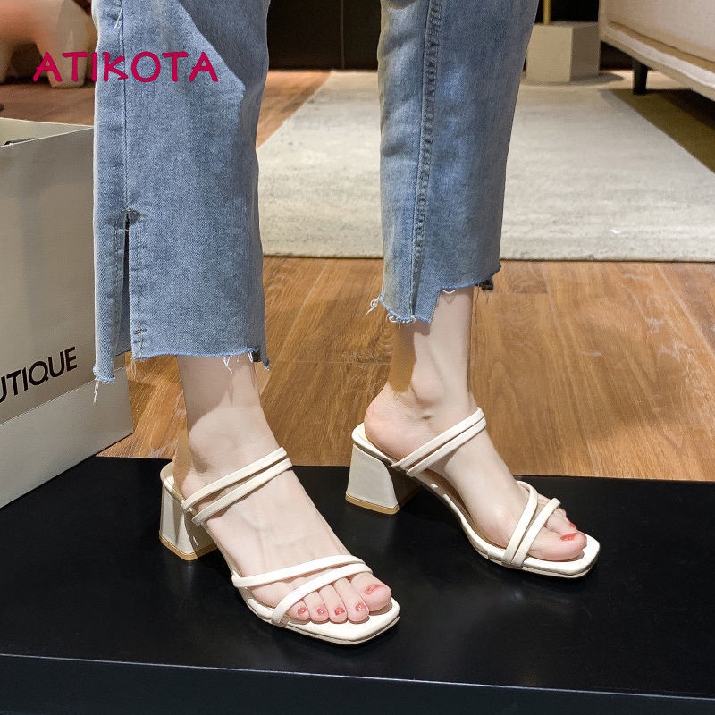 Giày sandal Atikota thiết kế cao gót hở ngón mũi vuông thoải mái thời trang dành cho nữ