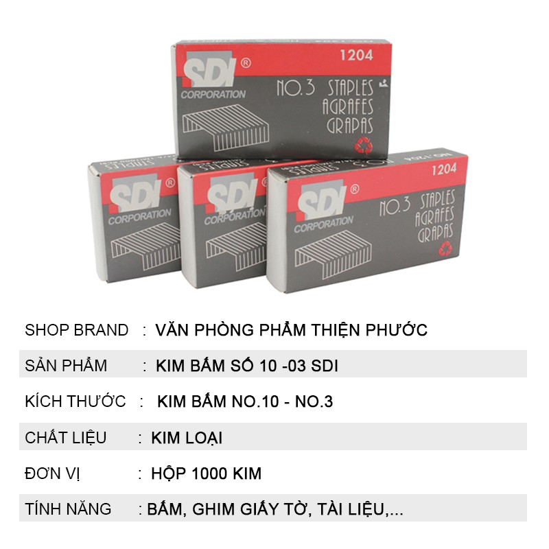 Kim bấm giấy số No.10 - No.3 SDI - kim bấm tài liệu hộp 1000 kim THIỆN PHƯỚC
