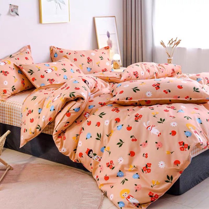 Bộ chăn ga gối drap giường chất cotton poly họa tiết thỏ hoa