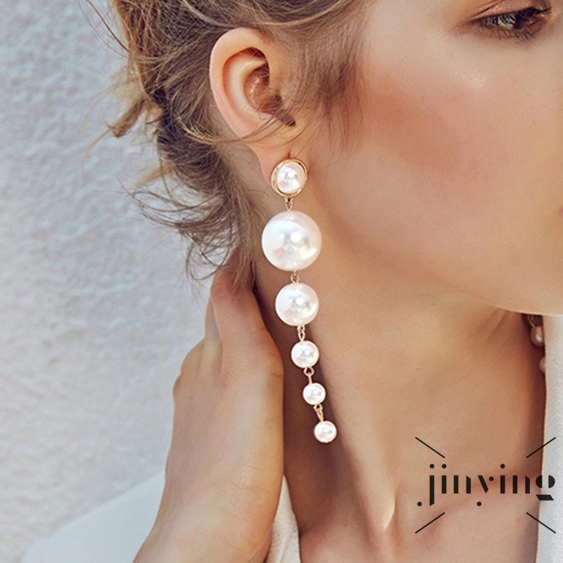GETNOIVAS Khuyên tai dáng dài đính hạt ngọc trai nhân tạo thời trang
