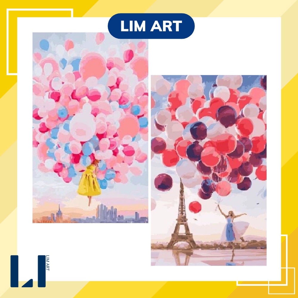 Tranh sơn dầu số hoá có khung LIM Art - Tranh tô màu theo số cô gái và bong bóng