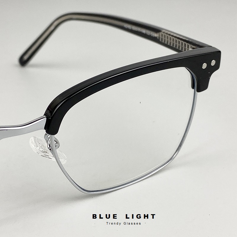 Gong Kính Cận, Kính Mắt Giả Cận Nam Nữ Cao Cấp, Clubmaster Mắt Vuông Đen Bạc Cốt Thép - BLUE LIGHT