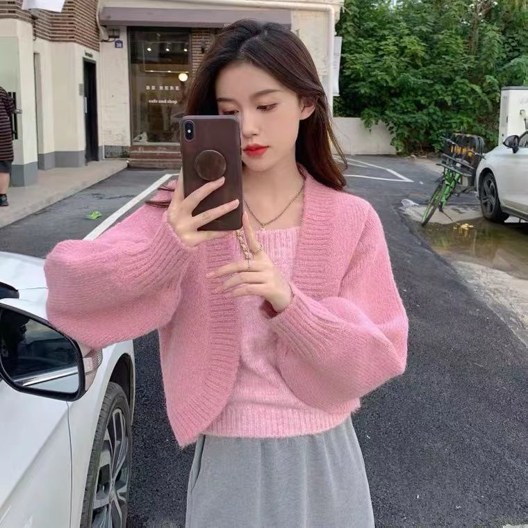 Áo Sweater Dệt Kim Giả Hai Lớp Dáng Ngắn Màu Hồng Thời Trang Thu Đông Hàng Mới