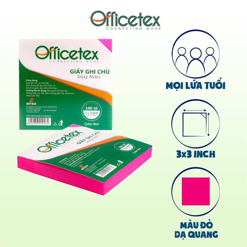 Giấy ghi chú Officetex 3 x 3 dạ quang nhiều màu