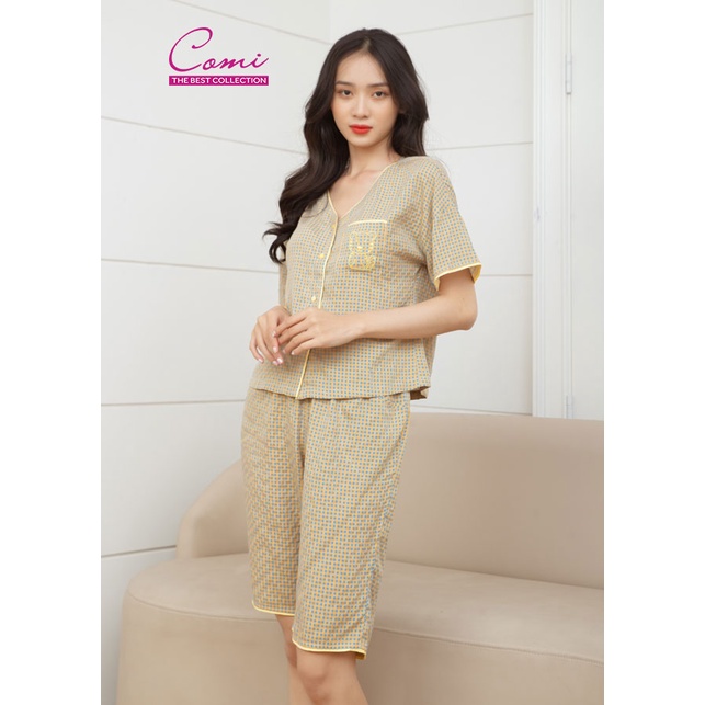 Bộ lửng nữ mặc nhà ngắn tay cài nút chất cotton kate CM514 Comi Homewear M-L-XL