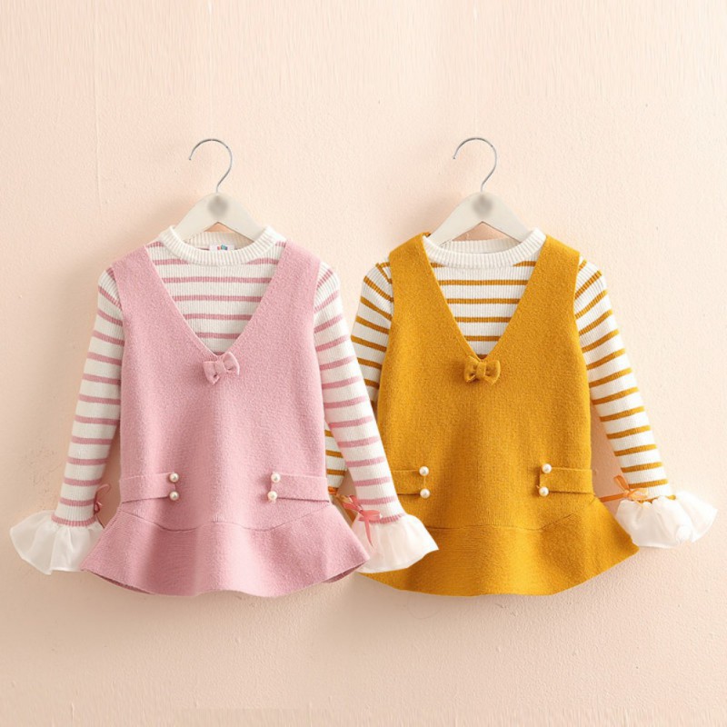 Babyme Autumn Baby Girls Stripe Print Long Flare Sleeve Fake 2 Piece Dress Kids Princess Dresses