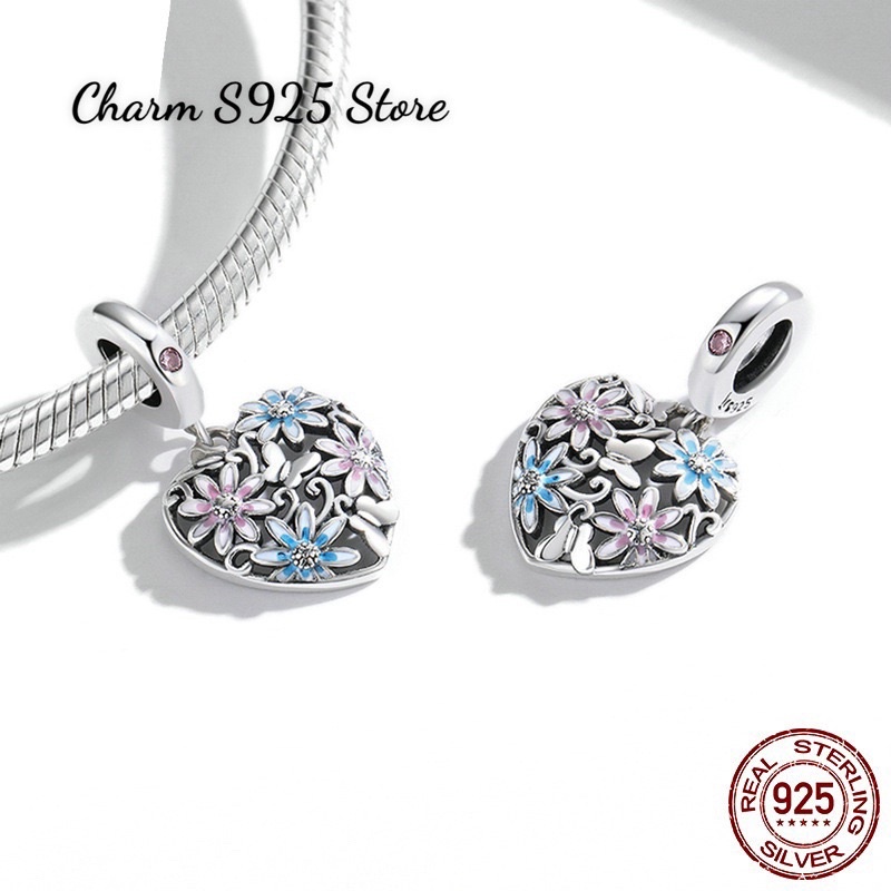 CHARM TREO TIM HOA LÁ BẠC S925 HÀNG CAO CẤP CHÍNH HÃNG