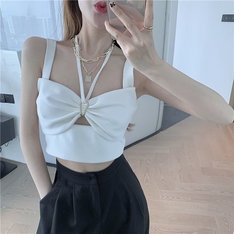 Áo dệt kim hai dây dáng ngắn màu đen thời trang mùa hè cho nữ 2021