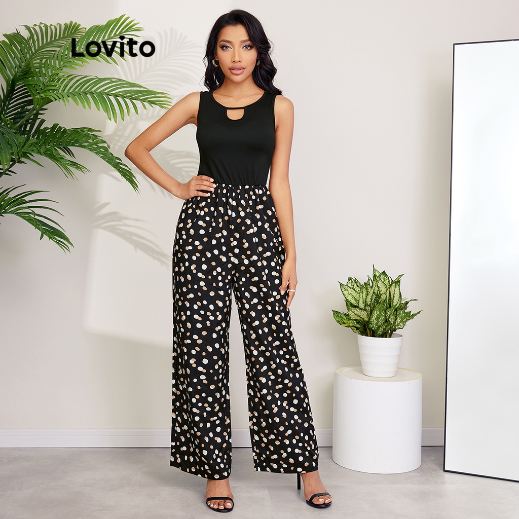 Áo liền quần Lovito hoa văn chấm bi cổ khoét lỗ không tay phong cách thanh lịch L27LD117 (màu đen)