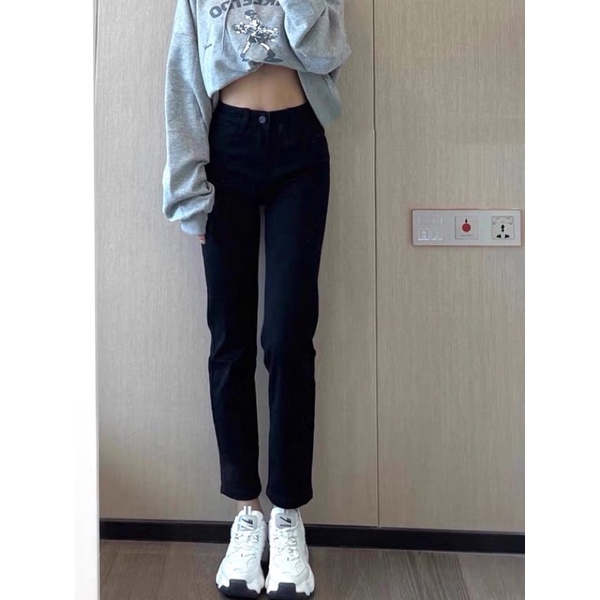 Quần Jean Ống Đứng Màu Đen Chất Jean Co Giãn