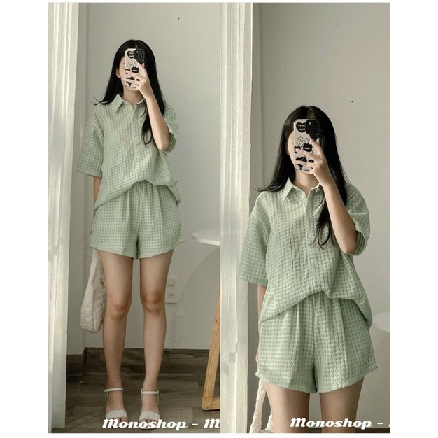 Set áo sơmi xốp ô kèm quần short 3 màu