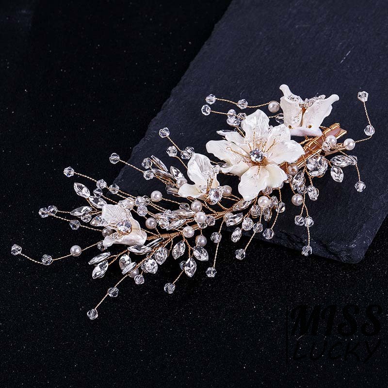 Kẹp tóc đính hoa phối đá và ngọc trai thanh lịch phong cách cổ điển thời trang cho nữ