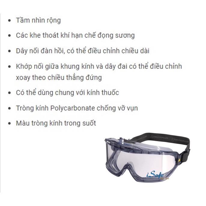 Kính bảo hộ chống hóa chất Deltaplus Galeras, kính dẻo chống đọng sương, bụi bẩn, ngăn chặn tia UV bảo vệ mắt toàn diện