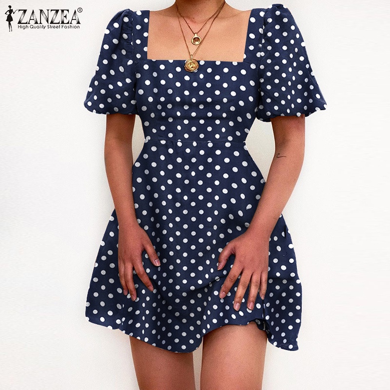 Đầm mini chữ A ZANZEA thiết kế tay ngắn cổ vuông họa tiết chấm bi phong cách Âu thường ngày cho nữ