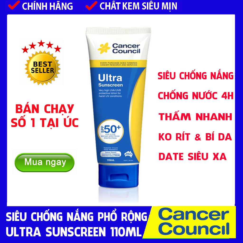 [CHÍNH HÃNG] Kem chống nắng Cancer Council Ultra Sunscreen 110ml SPF50/PA++++ 110ml