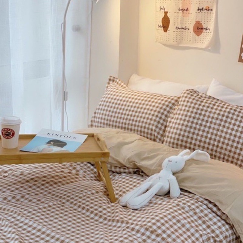 Bộ chăn ga gối , drap giường chất cotton poly họa tiết kẻ Caro be