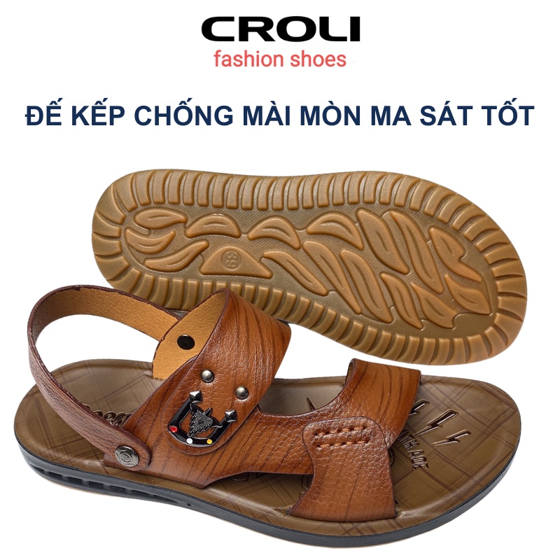 Dép Da Nam.Dép Nam Da Bò,Đế Cao Su,Kếp Đúc Nguyên Khối. CROLI-D21