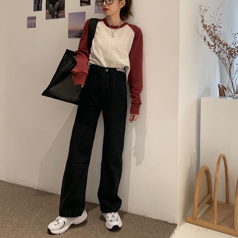 ✎♨♘Phiên bản mùa xuân Hàn Quốc của chiếc quần jean ống rộng cạp cao ngang hông nữ sinh phù hợp với tất cả các kiểu