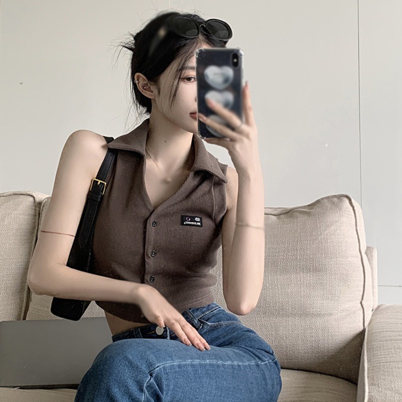 Áo Tank Top Cổ Polo Dáng Ôm Màu Trơn Thời Trang Cho Nữ