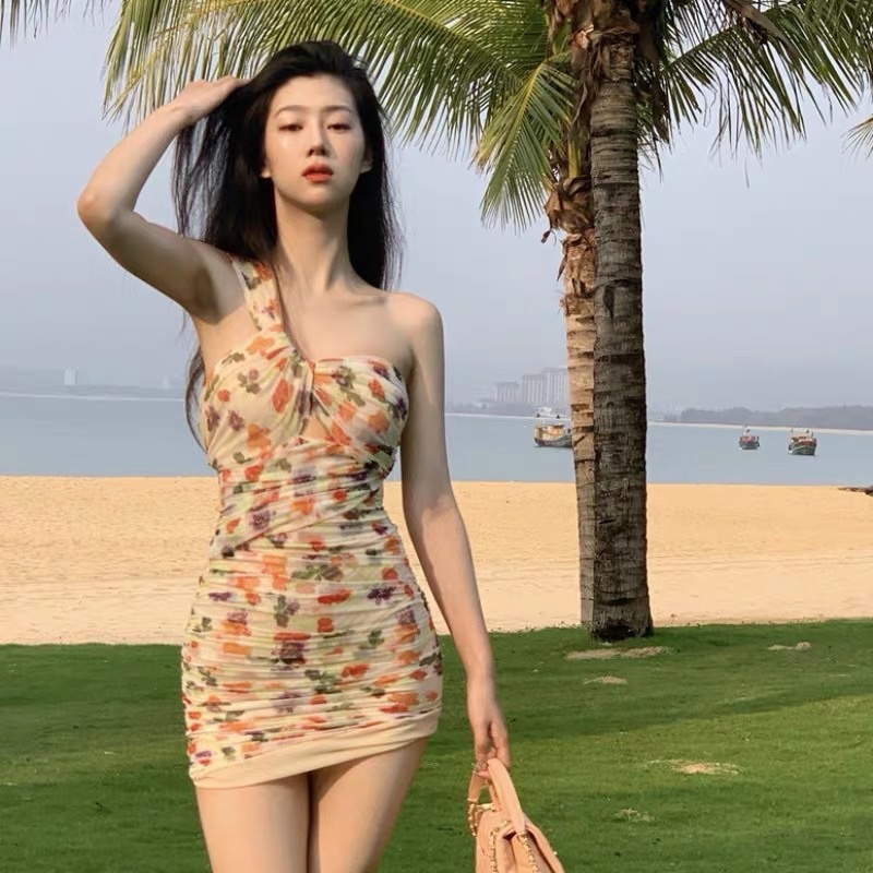 (sẵn M )Đầm body lệch vai hoạ tiết hoa siêu sang hàng quảng châu
