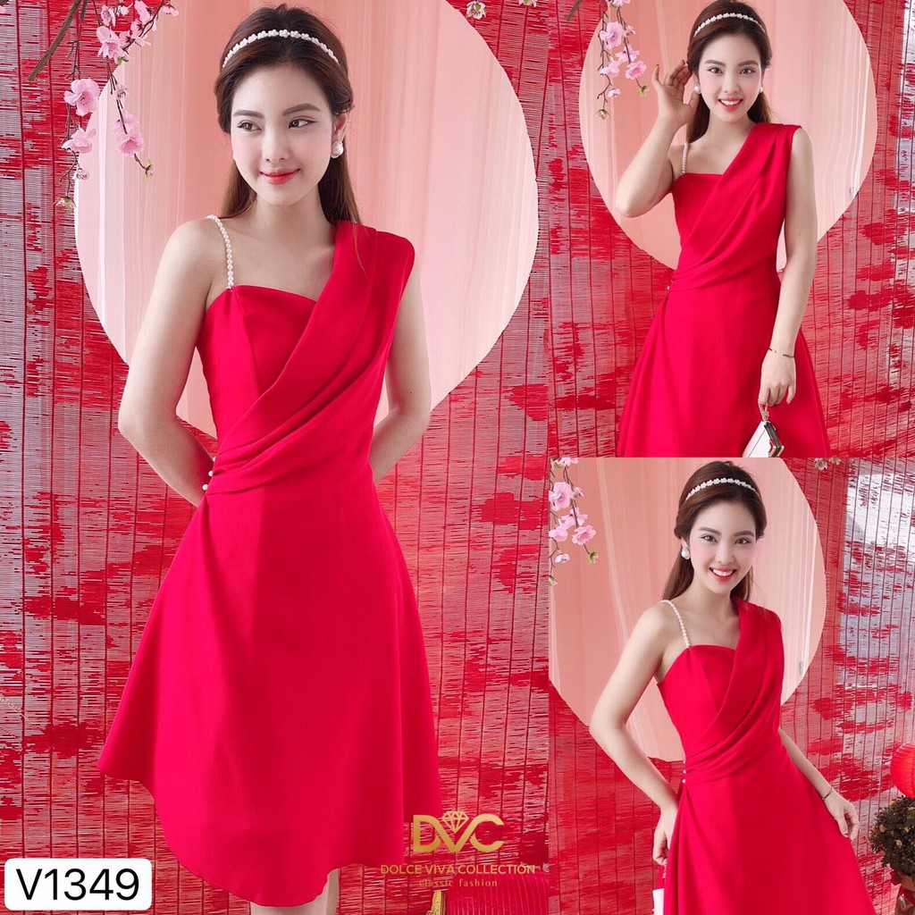 Váy đỏ lệch vai dây ngọc - DVC maidieuhuyen kèm ảnh thật và video do shop tự quay tự chụp V1349 | BigBuy360 - bigbuy360.vn