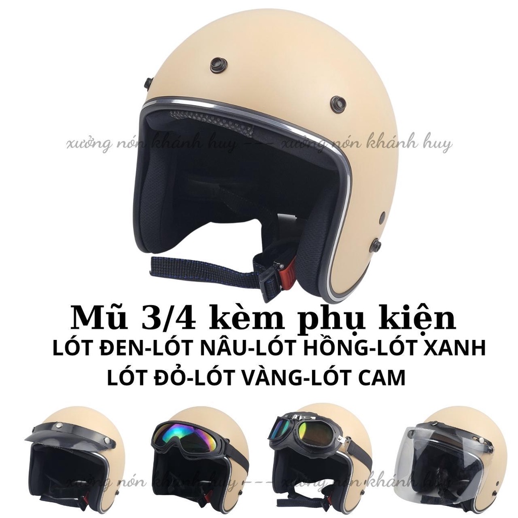 Mũ Bảo Hiểm 3/4 đầu ( MÀU KEM SỮA ) Lót 7 Màu Cao Cấp Như Hình - Hàng CTY-Cam Kết Chất Lượng Giống Hình 100%