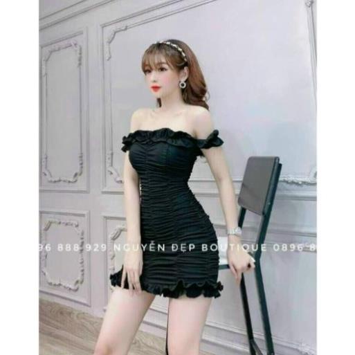 TSL-Ảnh thật Đầm nữ ôm body trễ vai nhún 2 thân có mút ngực dự tiệc dạo phố hồng trắng đen