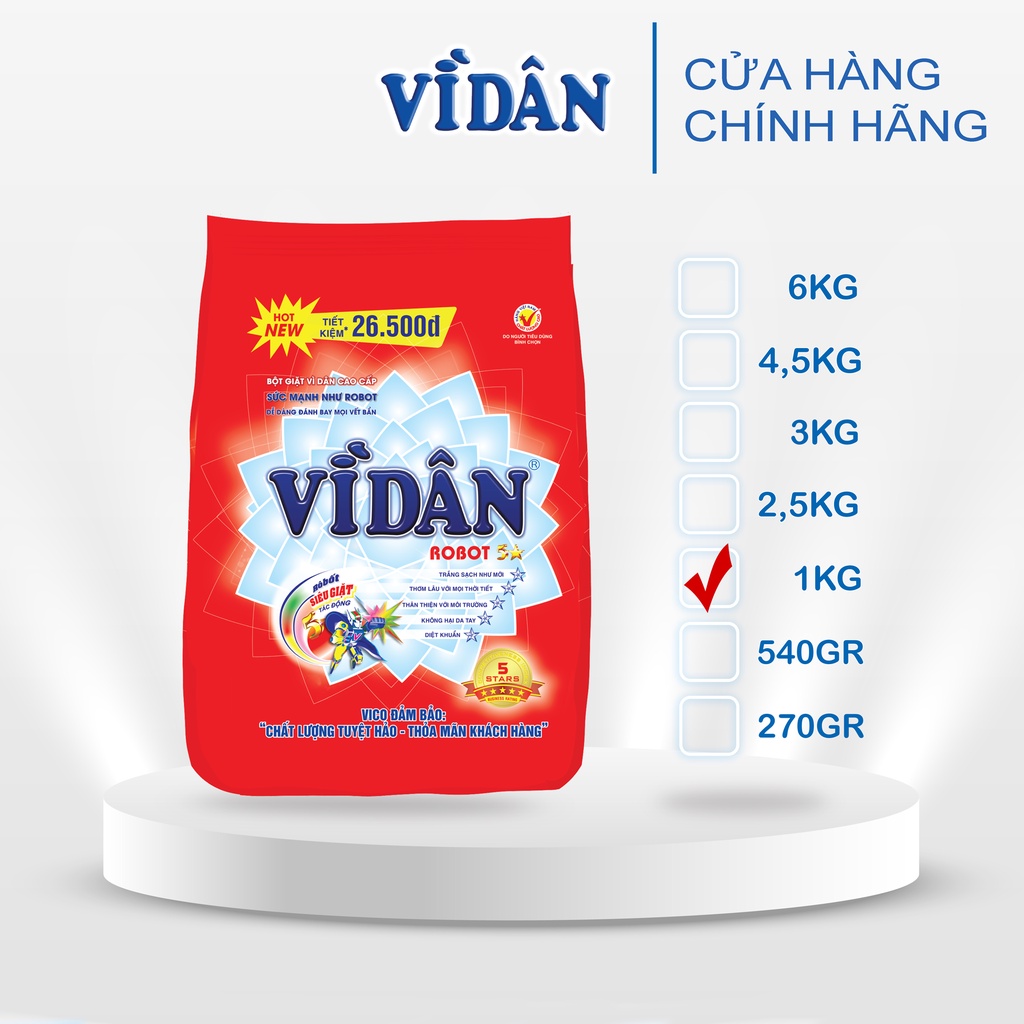 Bột giặt Vì Dân Robot 5 sao cao cấp 1kg